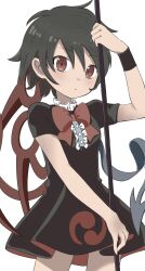 Rule 34 | 1girl, asymmetrical wings, black dress, black hair, blue wings, bow, bowtie, center frills, closed mouth, dress, frills, highres, houjuu nue, iroha-kuro, looking at viewer, red bow, red bowtie, red eyes, red wings, short hair, short sleeves, simple background, solo, touhou, white background, wings, wristband