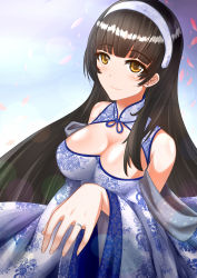 Rule 34 | 1girl, absurdres, bare shoulders, black hair, blue sky, blunt bangs, blush, breasts, brown eyes, cherry blossoms, china dress, chinese clothes, cleavage, cleavage cutout, closed mouth, clothing cutout, detached sleeves, dress, floral print, girls&#039; frontline, hairband, headband, highres, jewelry, large breasts, lens flare, long hair, long sleeves, looking at viewer, outdoors, print dress, ring, shiny skin, sky, smile, solo, type 95 (girls&#039; frontline), upper body, wedding band, white hairband, wide sleeves, yellow eyes, zhishi ge fangzhang