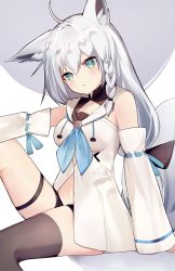 Rule 34 | 1girl, ahoge, animal ear fluff, animal ears, black shorts, blue neckerchief, braid, breasts, commentary, detached sleeves, fox ears, fox girl, fox tail, green eyes, hair between eyes, highres, hololive, hood, hoodie, long hair, looking at viewer, neckerchief, shirakami fubuki, shirakami fubuki (1st costume), short shorts, shorts, sidelocks, single braid, single thighhigh, sitting, small breasts, solo, tail, thigh strap, thighhighs, virtual youtuber, white hair, white hoodie, xoaiu