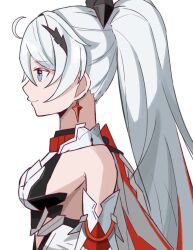 Rule 34 | 1girl, ahoge, armor, arms at sides, bare shoulders, black bow, blue eyes, bow, breasts, closed mouth, detached sleeves, from side, hair between eyes, hair bow, half updo, high ponytail, honkai (series), honkai impact 3rd, kiana kaslana, kiana kaslana (herrscher of flamescion), long hair, long sleeves, medium breasts, multicolored hair, nabemi (nabee cyno0), profile, red hair, sidelocks, simple background, smile, solo, streaked hair, upper body, white background, white hair