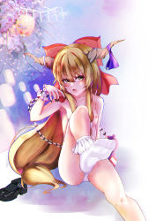 Rule 34 | 1girl, absurdres, bad id, bad pixiv id, black footwear, blonde hair, breasts, chain, check commentary, cherry blossoms, commentary request, cup, feet, fingernails, foot focus, foot out of frame, frilled cuffs, frilled socks, frills, gourd, hair ribbon, highres, holding, holding cup, horn ornament, horn ribbon, horns, ibuki suika, lantern, leg up, long hair, looking at viewer, looking to the side, mary janes, miraclemeteor, nail polish, nipples, open mouth, outdoors, panties, red ribbon, ribbon, shoes, small breasts, socks, soles, solo, topless, touhou, tree, underwear, unworn shoe, unworn shoes, very long hair, white panties, white socks, wrist cuffs, yellow eyes
