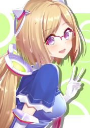 Rule 34 | 1girl, :d, absurdres, aki rosenthal, aki rosenthal (1st costume), blonde hair, blue jacket, blush, bob cut, borumete, detached hair, elbow gloves, from side, glasses, gloves, headgear, highres, hololive, jacket, long hair, looking at viewer, looking back, low twintails, necktie, open mouth, parted bangs, purple eyes, raised eyebrows, red-framed eyewear, red necktie, semi-rimless eyewear, short hair, shrug (clothing), smile, solo, twintails, upper body, v, virtual youtuber, white gloves