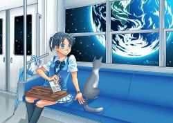 Rule 34 | 00s, 1girl, :d, animal, artist name, bag, black hair, black socks, blue eyes, blue hair, blue vest, book, bow, briefcase, cat, closed umbrella, crossover, earth (planet), ginga tetsudou 999, gunlock, hair bow, hair ribbon, holding, holding book, kneehighs, looking away, looking to the side, miniskirt, open mouth, original, planet, ponytail, ribbon, school bag, school briefcase, school uniform, short hair, short ponytail, short sleeves, sitting, skirt, smile, socks, solo, space, space train, star (sky), the galaxy railways, train, train interior, umbrella, vest, watch, white skirt, window, wing collar, wristwatch
