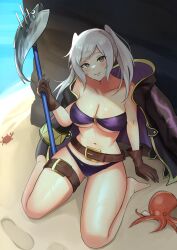 Rule 34 | 1girl, absurdres, bare shoulders, beach, belt, bikini, blush, breasts, brown belt, brown eyes, brown gloves, cleavage, collarbone, commentary, crab, english commentary, fire emblem, fire emblem awakening, fire emblem heroes, fish, footprints, gloves, highres, holding trident, jacket, jacket on shoulders, long hair, looking at viewer, navel, nintendo, o-ring, o-ring bikini, octopus, official alternate costume, polearm, purple bikini, robin (female) (fire emblem), robin (female) (summer) (fire emblem), robin (fire emblem), sand, sitting, smile, solo, swimsuit, trident, twintails, underboob, wariza, water, weapon, wet, white hair, zet (twt zet)