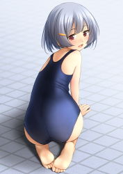 Rule 34 | 1girl, ass, bare shoulders, barefoot, blue hair, blue one-piece swimsuit, blush, bob cut, feet, from behind, full-face blush, grid, hair ornament, hairclip, hand on floor, highres, light blue hair, looking at viewer, looking back, one-piece swimsuit, open mouth, original, red eyes, school swimsuit, seiza, shibacha, sitting, smile, solo, swimsuit, toes