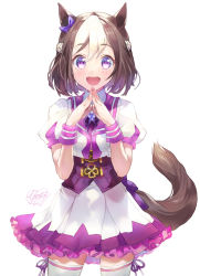 Rule 34 | 1girl, absurdres, animal ears, artist logo, artist name, brown hair, collared shirt, corset, cowboy shot, cropped jacket, hands up, highres, horse ears, horse girl, horse tail, jacket, looking at viewer, multicolored hair, neck ribbon, open mouth, own hands together, petticoat, puffy short sleeves, puffy sleeves, purple eyes, ribbon, shirt, short hair, short sleeves, simple background, skirt, smile, solo, special week (umamusume), steepled fingers, tail, thighhighs, two-tone hair, umamusume, white background, white jacket, white skirt, wrist cuffs, yanyo (ogino atsuki)