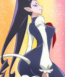 Rule 34 | 1girl, ass, black hair, blue eyes, breasts, go! princess precure, gradient background, haruyama kazunori, lips, long hair, miss siamour, miss siamour (human), pointy ears, precure, solo, tail, twintails