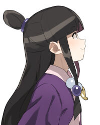 Rule 34 | 1girl, ace attorney, black hair, blunt bangs, commentary, gazacy (dai), hair ornament, half updo, highres, japanese clothes, jewelry, kimono, long hair, magatama, maya fey, necklace, parted bangs, profile, sidelocks, smile, solo