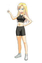 Rule 34 | 00s, 1girl, a1 (initial-g), bike shorts, blonde hair, blue eyes, full body, hand on own hip, kaleido star, layla hamilton, long hair, navel, o o, puppet, shoes, simple background, sneakers, solid circle eyes, solo, sports bra, standing, white background