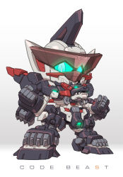 blue_eyes chibi clenched_hands code_beast copyright_name glowing glowing_eyes hundred_edge mecha no_humans robot solo standing susagane v-fin