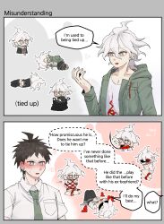 Rule 34 | 2boys, 2koma, :d, ahoge, animal collar, bag, bdsm, black bag, black blindfold, black pants, blindfold, blush, bondage, bound, bound ankles, bound wrists, breast pocket, brown hair, candle, collar, collared shirt, comic, commentary, crying, danganronpa (series), danganronpa 2: goodbye despair, danganronpa another episode: ultra despair girls, drawstring, english commentary, english text, gag, gakuran, green eyes, green jacket, green necktie, grey shorts, heart, highres, hinata hajime, hood, hooded jacket, improvised gag, in bag, in container, jacket, komaeda nagito, leash, long sleeves, looking at hand, lying, male focus, messy hair, metal collar, multiple boys, multiple views, necktie, no mouth, no nose, on side, open clothes, open jacket, open mouth, outline, pants, plaid, plaid shorts, pocket, print shirt, red collar, school uniform, seumol sx, shibari, shibari over clothes, shirt, short hair, short sleeves, shorts, smile, speech bubble, spiked hair, sweat, tape, tape gag, very short hair, white hair, white outline, white shirt, yaoi