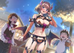 Rule 34 | 1girl, 2boys, absurdres, baffu, blue eyes, breasts, cleavage, commentary request, cosplay, demon wings, faceless, faceless male, garter straps, halloween, highres, hitoyo (baffu), horns, large breasts, looking at another, looking at viewer, low wings, multiple boys, nail polish, navel, night, night sky, open mouth, orange thighhighs, original, outdoors, red hair, red horns, short hair, sky, standing, thighhighs, wings