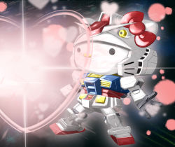 Rule 34 | 1girl, 495032158, absurdres, bow, chibi, cosplay, crossover, floating, gundam, heart, hello kitty, hello kitty (character), highres, mecha, mobile suit gundam, open hands, red bow, robot, rx-78-2, rx-78-2 (cosplay), sanrio, solo, space, v-fin