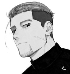 Rule 34 | 1boy, closed mouth, expressionless, facial hair, goatee, golden kamuy, greyscale, hair slicked back, highres, looking at viewer, male focus, monochrome, ogata hyakunosuke, portrait, shirt, short hair, signature, simple background, solid eyes, solo, tonta (tonta1231), turtleneck, undercut, white background