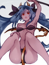 Rule 34 | 1girl, bare legs, bat wings, bikini, black bikini, black nails, black panties, blue hair, bow, breasts, demon girl, demon tail, dizzy (guilty gear), fingernails, guilty gear, guilty gear xrd, hair bow, hand up, hands up, horns, long hair, looking at viewer, maka (morphine), medium breasts, nail polish, navel, open mouth, panties, red eyes, ribbon, simple background, sitting, solo, swimsuit, tail, tattoo, thighhighs, underwear, white background, wings