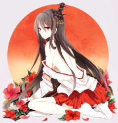 Rule 34 | 10s, 1girl, arm support, back, bare shoulders, black hair, breasts, circle, detached sleeves, flower, from behind, full body, fusou (kancolle), hair ornament, hibiscus, kantai collection, kinona, leaning forward, long hair, looking at viewer, looking back, miniskirt, nontraditional miko, off shoulder, open clothes, petals, pleated skirt, red eyes, red skirt, ribbon-trimmed sleeves, ribbon trim, sideboob, sitting, skirt, socks, solo, underboob, very long hair, wide sleeves, yokozuwari
