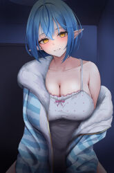 Rule 34 | 1girl, blue hair, blue jacket, blush, bob cut, breasts, camisole, cleavage, collarbone, commentary, frilled camisole, frills, fur-trimmed jacket, fur trim, haro art, highres, hololive, indoors, jacket, large breasts, looking at viewer, official alternate costume, open clothes, open jacket, parted lips, pointy ears, polka dot camisole, short hair, single off shoulder, solo, straddling, striped clothes, striped jacket, teeth, virtual youtuber, white camisole, yellow eyes, yukihana lamy, yukihana lamy (loungewear)