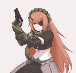Rule 34 | 1girl, brown hair, commentary, cz2128 delta, disco brando, eyepatch, frown, gloves, gren, grey background, gun, hair between eyes, handgun, highres, khakis, long hair, looking at viewer, maid headdress, overlord (maruyama), serious, simple background, solo, twitter username, very long hair, weapon