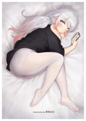 Rule 34 | 1girl, ass, bigxixi, black sweater, blush, cellphone, cellphone photo, chinese commentary, closed mouth, commentary request, full body, gradient hair, grey eyes, holding, holding phone, long hair, looking at viewer, lying, multicolored hair, on side, original, panties, panties under pantyhose, pantyhose, phone, pink hair, ponytail, silver hair, smartphone, solo, sweater, underwear, white pantyhose