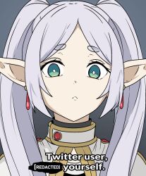 Rule 34 | 1girl, bright pupils, commentary, earrings, elf, english commentary, english text, frieren, gold trim, green eyes, highres, jewelry, long hair, looking at viewer, parted bangs, parted lips, pointy ears, portrait, simple background, solo, sousou no frieren, tavi (hosheezus), twintails, white hair, white pupils