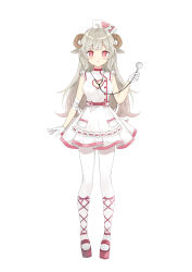 Rule 34 | 1girl, absurdres, ahoge, animal ears, bandaged arm, bandages, breasts, cleavage cutout, clothing cutout, commentary request, copyright request, dress, full body, gloves, grey hair, hand up, hat, heart cutout, highres, holding, horns, long hair, medium breasts, nurse cap, pantyhose, platform footwear, red eyes, red footwear, saeki sora, sheep ears, sheep girl, sheep horns, simple background, sleeveless, sleeveless dress, solo, standing, stethoscope, tilted headwear, very long hair, white background, white dress, white gloves, white hat, white pantyhose