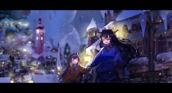 Rule 34 | blue eyes, city lights, coat, heterochromia, holding hands, hololive, hololive english, horns, irys (hololive), letterboxed, long hair, long sleeves, mittens, night, ninomae ina&#039;nis, pointy ears, purple eyes, purple hair, scarf, snow, snowing, virtual youtuber, vyragami, winter clothes