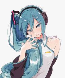 Rule 34 | 1girl, blue eyes, blue hair, blue nails, blue necktie, blush, collarbone, collared shirt, derivative work, detached sleeves, grey background, hatsune miku, hatsune miku (noodle stopper), head tilt, headphones, highres, leaning to the side, looking at viewer, meme, necktie, photo-referenced, shirt, side ponytail, sidetail miku noodle stopper (meme), smile, solo, sumustard, twitter username, upper body, vocaloid