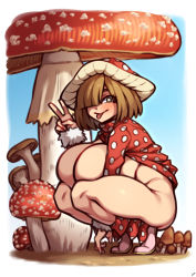 Rule 34 | 1girl, absurdres, blue background, blush, boku no hero academia, border, breasts, breasts on lap, brown eyes, brown hair, closed mouth, clothes lift, dress, dress lift, fly agaric, full body, hair over one eye, hat, high heels, highres, huge breasts, komori kinoko, legs, long sleeves, looking at viewer, mushroom, nikuatsu magician shinbo, polka dot, polka dot dress, short hair, simple background, smile, solo, squatting, thighs, tiptoes, tongue, tongue out, v, white border
