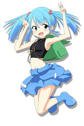 Rule 34 | 1girl, armpits, backpack, bag, bare arms, bare shoulders, blue eyes, blue hair, boots, breasts, cato (monocatienus), clothes around waist, double v, full body, hair bobbles, hair ornament, highres, jacket, jacket around waist, jumping, kawashiro nitori, key, looking at viewer, matching hair/eyes, midriff, navel, open mouth, rubber boots, simple background, skirt, sleeveless, sleeveless turtleneck, small breasts, smile, solo, tank top, touhou, turtleneck, twintails, v, white background