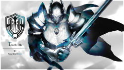 Rule 34 | 1boy, armor, cape, character name, cropped torso, facing viewer, fake horns, fantasy, full armor, gauntlets, gem, helmet, holding, holding sword, holding weapon, horned helmet, horocca, logo, male focus, official style, overlord (maruyama), pauldrons, plate armor, shoulder armor, solo, sword, touch me, warrior, weapon