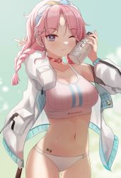 Rule 34 | 1girl, absurdres, arknights, blue eyes, blue poison (arknights), blue poison (shoal beat) (arknights), blush, bottle, braid, breasts, character name, chinese commentary, choker, collarbone, commentary request, cowboy shot, earrings, hairband, hands up, highres, holding, holding bottle, jacket, jewelry, large breasts, long hair, long sleeves, looking at viewer, navel, official alternate costume, one eye closed, panties, parted bangs, pink choker, pink hair, solo, sports bra, standing, stomach, takeawatch, twin braids, underwear, white jacket, white panties