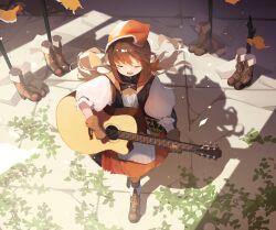 Rule 34 | 1girl, acoustic guitar, boots, brown gloves, brown hair, character name, closed eyes, commentary, dress, english commentary, falcon (girls&#039; frontline), from above, full body, girls&#039; frontline, gloves, guitar, harufude, head scarf, highres, holding, holding instrument, instrument, long hair, music, open mouth, outdoors, playing instrument, smile, solo