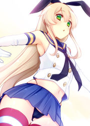 Rule 34 | 10s, 1girl, :o, armpits, blonde hair, blush, cameltoe, crop top, crop top overhang, elbow gloves, gloves, green eyes, hair ribbon, kantai collection, long hair, looking at viewer, microskirt, midriff, miyamakoume, navel, open mouth, panties, pantyshot, personification, ribbon, shimakaze (kancolle), shiny skin, skindentation, skirt, solo, striped clothes, striped thighhighs, thigh gap, thighhighs, underwear, upskirt
