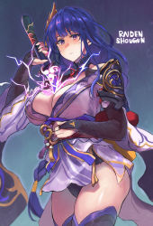 Rule 34 | 1girl, armor, black thighhighs, braid, breasts, bridal gauntlets, character name, cleavage, closed mouth, coattails, commentary request, electricity, english text, genshin impact, hair ornament, highres, holding, holding sword, holding weapon, human scabbard, japanese clothes, kimono, large breasts, long hair, looking at viewer, mitsudomoe (shape), mole, mole under eye, obi, obiage, purple eyes, purple hair, purple thighhighs, raiden shogun, ribbon, sash, sawaya (mizukazu), shoulder armor, simple background, solo, sword, tassel, thighhighs, tomoe (symbol), weapon