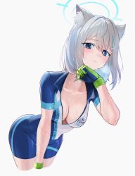 Rule 34 | 1girl, absurdres, animal ear fluff, animal ears, bike jersey, bike shorts, blue archive, blue eyes, breasts, cleavage, cross hair ornament, cycling uniform, gloves, green gloves, grey hair, hair ornament, halo, hand on own chin, highres, kazane-wind, leaning forward, medium hair, mismatched pupils, open clothes, open shirt, shiroko (blue archive), shiroko (cycling) (blue archive), sweat, white background, wolf ears