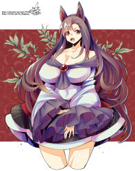Rule 34 | 1girl, animal ears, breasts, brooch, brown hair, dress, highres, imaizumi kagerou, jewelry, large breasts, long hair, long sleeves, off-shoulder dress, off shoulder, red eyes, solo, tail, touhou, umigarasu (kitsune1963), white dress, wolf ears, wolf girl, wolf tail