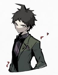 Rule 34 | 1boy, ahoge, artist name, asuna (doruru-mon), black bow, black bowtie, black shirt, bow, bowtie, brown eyes, brown hair, brown jacket, collared shirt, commentary request, cropped torso, danganronpa (series), danganronpa 10th anniversary costume, danganronpa 2: goodbye despair, highres, hinata hajime, jacket, long sleeves, looking at viewer, male focus, official alternate costume, open clothes, open jacket, petals, shirt, short hair, simple background, solo, upper body, white background