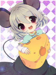 Rule 34 | 1girl, :3, animal ears, bad id, bad pixiv id, capelet, cheese, chibi, deyuyama, dress, female focus, food, grey dress, grey hair, head tilt, mouse ears, mouse tail, nazrin, red eyes, smile, solo, tail, touhou, white background