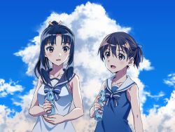 Rule 34 | 2girls, alternate hairstyle, black eyes, black hair, blue bow, blue bowtie, blue dress, blue ribbon, blue sailor collar, blue sky, bottle, bow, bowtie, brown eyes, brown hair, casual, cloud, cloudy sky, commentary, day, dress, hair ribbon, hair up, hattori shizuka, highres, holding, holding bottle, kogarashi51, long hair, looking at another, miyafuji yoshika, multiple girls, open mouth, outdoors, ponytail, ramune, ribbon, sailor collar, sailor dress, short hair, short ponytail, sky, sleeveless, sleeveless dress, smile, standing, strike witches, sweat, white dress, white sailor collar, world witches series