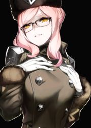 Rule 34 | 1girl, 92m, armor, black-framed eyewear, black background, black theme, breasts, brown coat, buttons, coat, eyewear strap, fate/grand order, fate (series), glasses, gloves, hands on own chest, hat, highres, koyanskaya (fate), koyanskaya (russian lostbelt outfit) (fate), large breasts, long hair, looking at viewer, pauldrons, pink hair, shoulder armor, smile, solo, swept bangs, tamamo (fate), thick eyebrows, very long hair, white gloves, yellow eyes