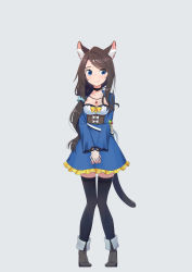 Rule 34 | 1girl, absurdres, aina (mao lian), animal ear fluff, animal ears, ankle boots, black choker, black hair, blue eyes, boots, breasts, brown hair, cat ears, cat tail, choker, closed mouth, dress, fold-over boots, full body, grey footwear, highres, jewelry, long hair, long sleeves, looking to the side, mao lian (nekokao), medium breasts, necklace, original, own hands together, pendant, smile, solo, standing, swept bangs, tail, thighhighs, white background, wristband