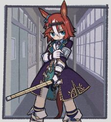 Rule 34 | 1girl, animal ears, armband, bamboo memory (umamusume), black coat, black socks, blush, boots, brown hair, closed mouth, coat, collared shirt, door, feet out of frame, gloves, green eyes, green skirt, hair ornament, holding, holding sword, holding weapon, horse ears, horse girl, horse tail, indoors, long sleeves, looking at viewer, multicolored hair, shinai, shirt, short hair, skirt, socks, solo, standing, streaked hair, sudzume, sword, tail, umamusume, vest, weapon, white footwear, white gloves, white vest, window