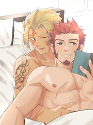 Rule 34 | 2boys, bed, beowulf (fate), blonde hair, facial hair, fate/grand order, fate (series), highres, male focus, multiple boys, muscular, muscular male, napoleon bonaparte (fate), pectorals, reading, scar, scar on face, souda (sosoda), tattoo, yaoi