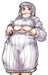 Rule 34 | 1girl, :o, alternate costume, blush, breasts, clothes pull, contemporary, cowboy shot, crescent, crescent hair ornament, dress, fat, female focus, hair ornament, hairclip, hiro (h-net), large breasts, long hair, long sleeves, looking at viewer, meme attire, open-chest sweater, patchouli knowledge, plump, purple hair, red eyes, ribbed dress, ribbed sweater, shirt pull, simple background, solo, sweater, sweater dress, thick thighs, thighs, touhou, turtleneck, underboob, white background