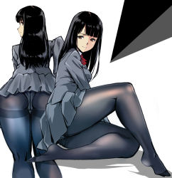 Rule 34 | 1girl, ass, black hair, black pantyhose, blouse, blunt bangs, bow, bowtie, breasts, brown eyes, buttons, commentary request, double-breasted, grey jacket, grey skirt, jacket, kamisimo 90, long hair, looking at viewer, looking back, medium breasts, multiple views, no shoes, original, panties, panties under pantyhose, pantyhose, pleated skirt, profile, red neckwear, school uniform, shirt, simple background, skirt, smile, thighband pantyhose, thighs, underwear, uniform, white shirt