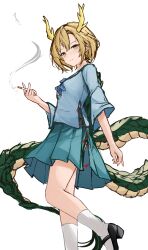 Rule 34 | 1girl, absurdres, black footwear, blonde hair, blue shirt, closed mouth, dragon girl, dragon tail, from side, green skirt, high heels, highres, kicchou yachie, looking at viewer, orchid (orukido), shirt, short sleeves, simple background, skirt, socks, solo, tail, touhou, white background, white socks, yellow eyes