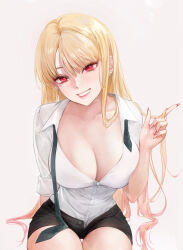 Rule 34 | 1girl, absurdres, arm behind back, blonde hair, breasts, cleavage, collarbone, collared shirt, ear piercing, fingernails, hair between eyes, twirling hair, highres, jewelry, kitagawa marin, large breasts, long fingernails, long hair, looking at viewer, multicolored hair, nail polish, necktie, piercing, pink hair, red eyes, shirt, short shorts, shorts, simple background, sitting, solo, sono bisque doll wa koi wo suru, tanna, undone necktie, very long hair, white shirt