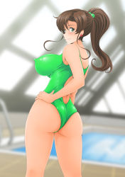 Rule 34 | 1girl, absurdres, ass, bishoujo senshi sailor moon, blush, breasts, brown hair, covered erect nipples, green eyes, green one-piece swimsuit, highres, huge ass, huge breasts, kino makoto, looking at viewer, looking back, nanashi noiji, one-piece swimsuit, ponytail, rei no pool, sailor jupiter, smile, solo, swimsuit, tagme