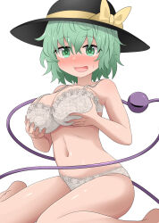 Rule 34 | 1girl, black hat, blush, bow, bra, breast hold, breasts, chups, cleavage, green eyes, green hair, hat, hat bow, heart, heart of string, highres, komeiji koishi, large breasts, lingerie, looking at viewer, navel, open mouth, panties, short hair, simple background, sitting, solo, sweatdrop, third eye, touhou, underwear, wariza, white background, white bra, white panties, yellow bow