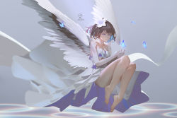 Rule 34 | 1girl, angel wings, bare legs, barefoot, benghuai xueyuan, black hair, blue hair, breasts, bug, butterfly, chinese commentary, cleavage, closed mouth, colored inner hair, commentary request, dated, dress, elbow gloves, flower, flying, full body, gloves, grey background, hair flower, hair ornament, highres, honkai (series), honkai impact 3rd, insect, legs, light blush, multicolored hair, purple eyes, ribao, seele vollerei, short hair, small breasts, solo, strapless, strapless dress, swept bangs, thighs, white dress, white gloves, wings